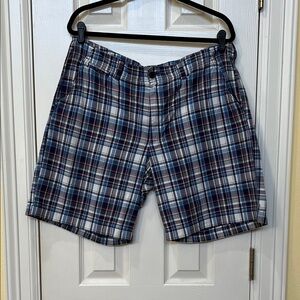 L.L. Bean Men's Blue, White & Red Plaid Flat-Front Patchwork Shorts Sz 38W